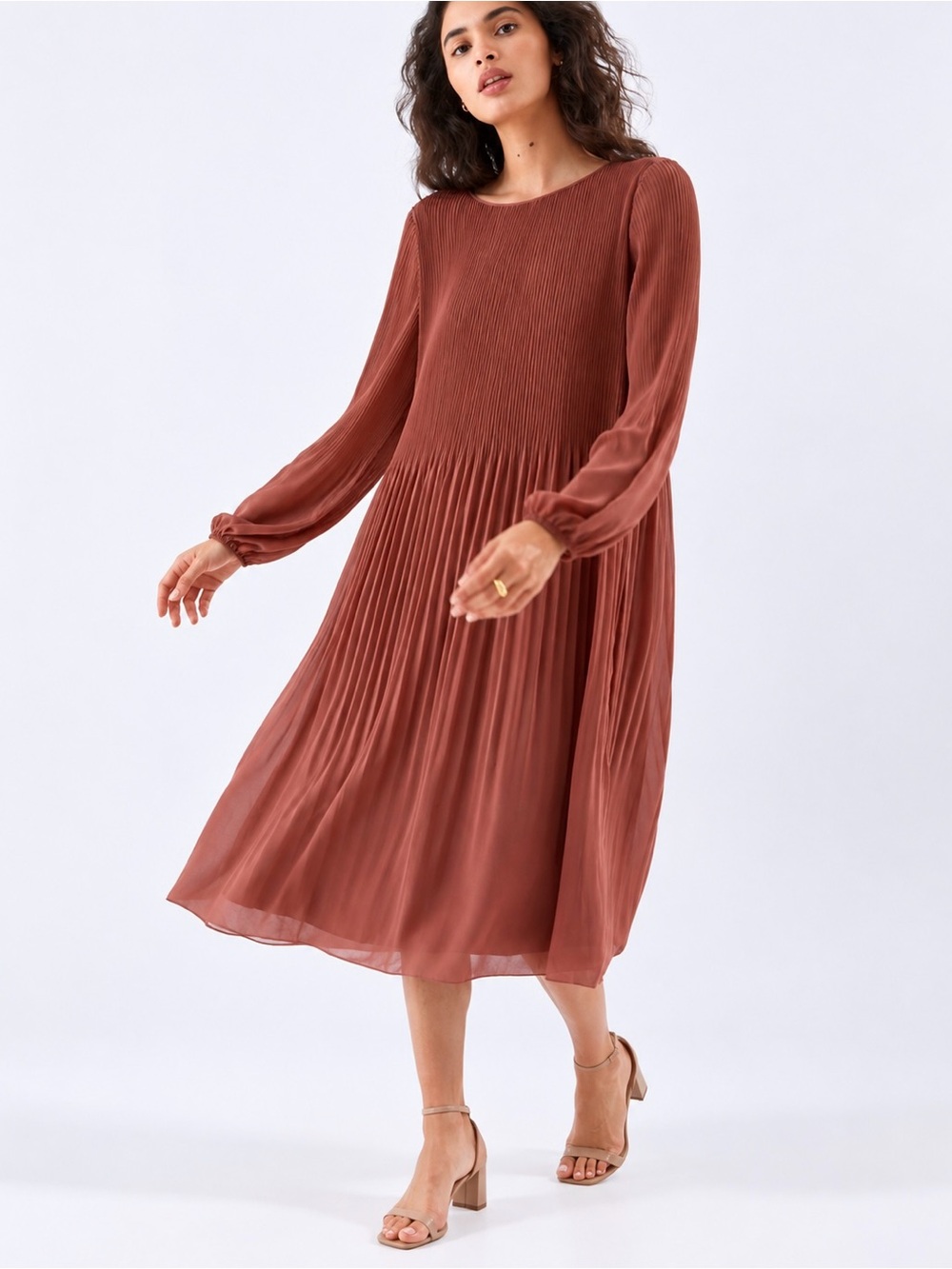 Wilfred Brown Pleated Long Sleeve Midi Dress Flowy Minimalist Medium